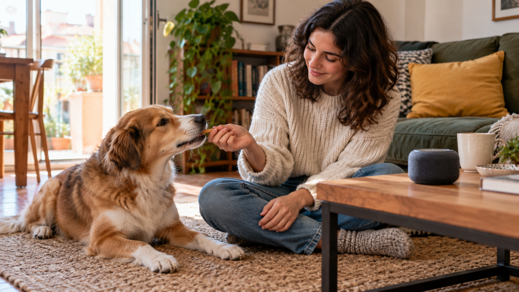 Una donna seduta sul pavimento offre un bocconcino a un cane rilassato, con un altoparlante sul tavolino.