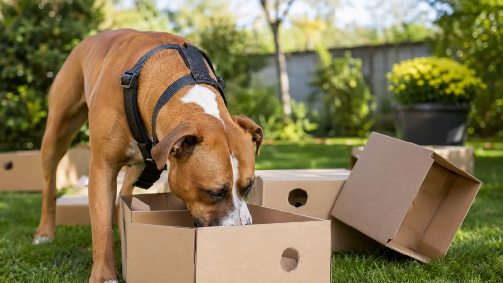 American Staffordshire Terrier impegnato in un gioco olfattivo