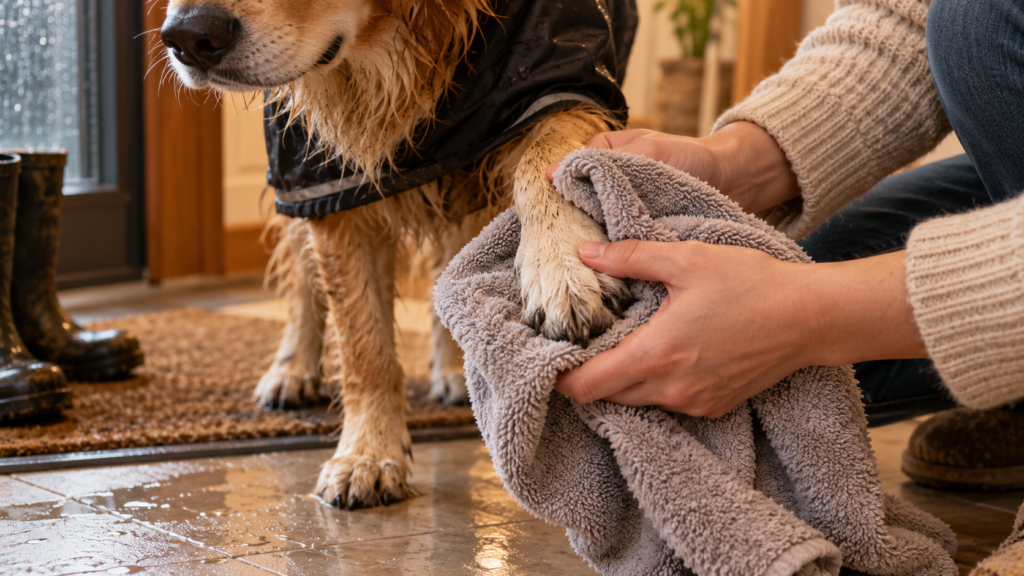 Mani che asciugano con un asciugamano la zampa bagnata di un cane all’ingresso di casa.