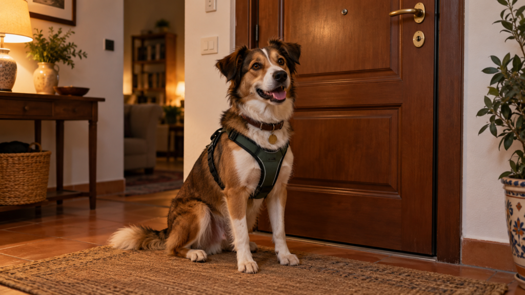 Cane con pettorina e medaglietta al collare, seduto accanto alla porta di casa chiusa in un ingresso illuminato da luce calda.