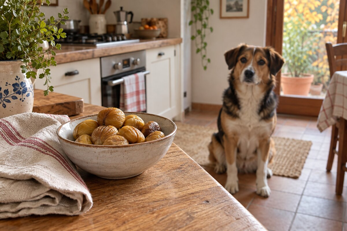 Cane seduto in cucina con una ciotola di castagne cotte in primo piano