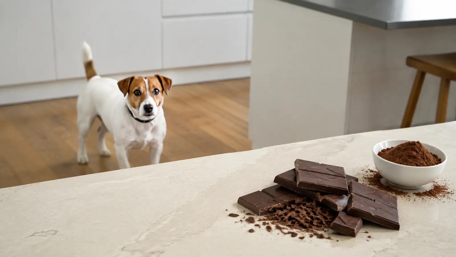 Jack Russell a distanza da cioccolato fondente e cacao