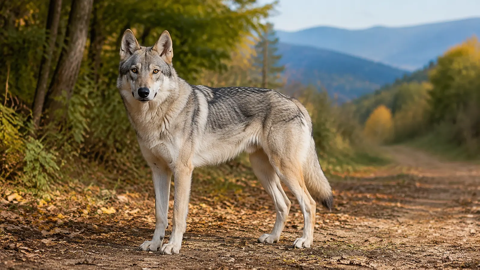 Cane lupo cecoslovacco adulto su un sentiero nel bosco