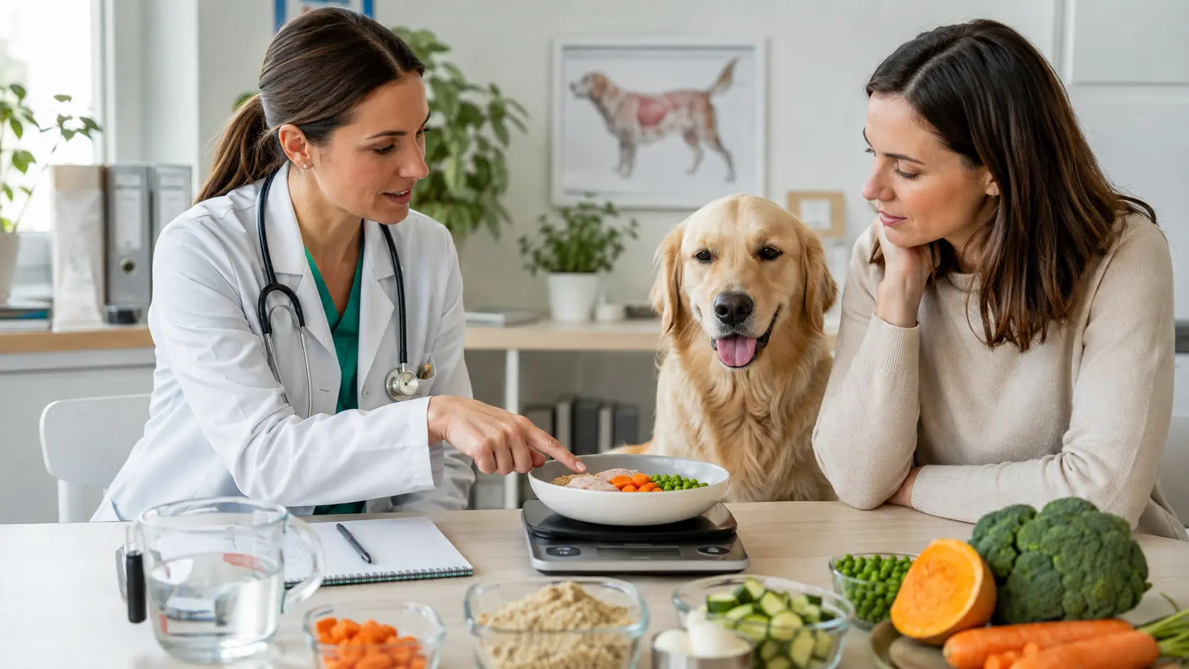 Veterinaria valuta con una proprietaria una dieta casalinga bilanciata per un Golden Retriever