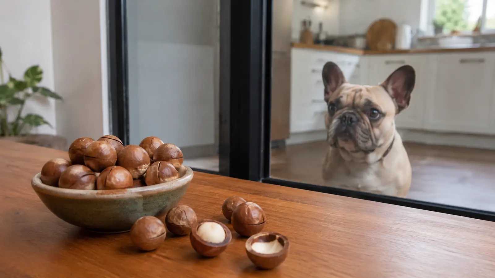 Noci di macadamia in una ciotola, Bulldog francese dietro una porta chiusa