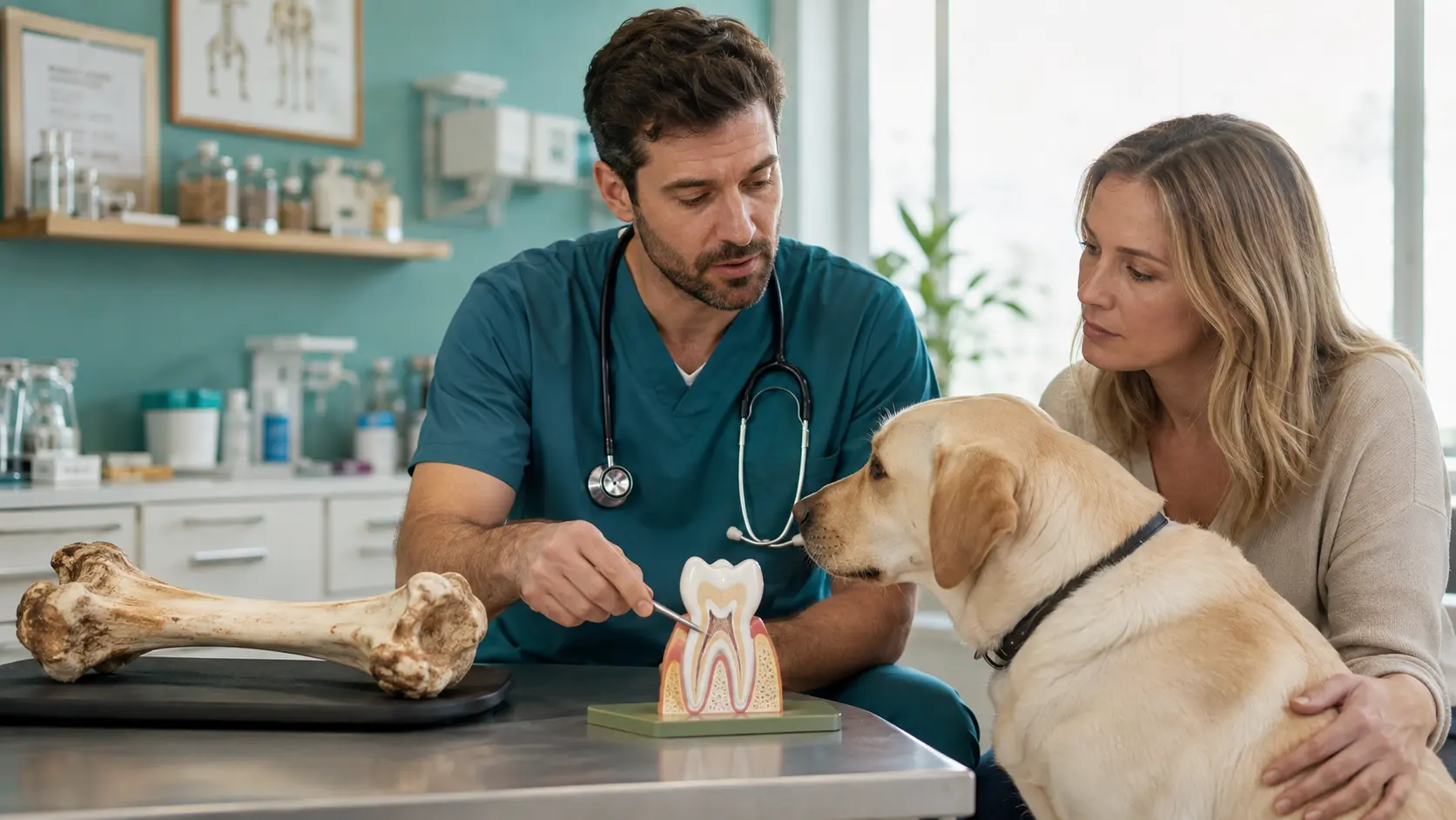 Veterinario spiega a una proprietaria i rischi delle ossa per i denti del cane