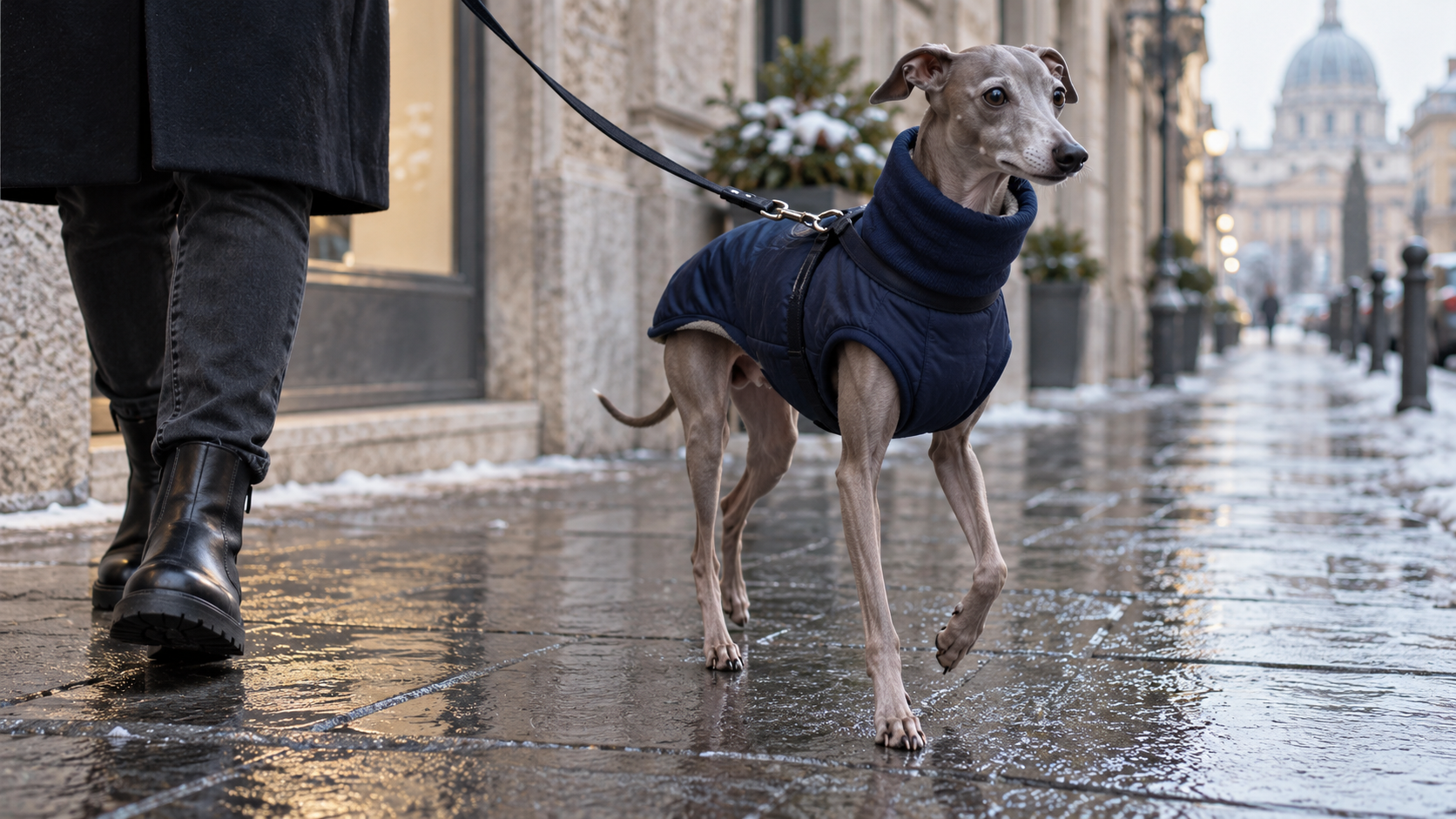 Piccolo levriero italiano con cappottino blu al guinzaglio, su un marciapiede bagnato durante una passeggiata invernale.