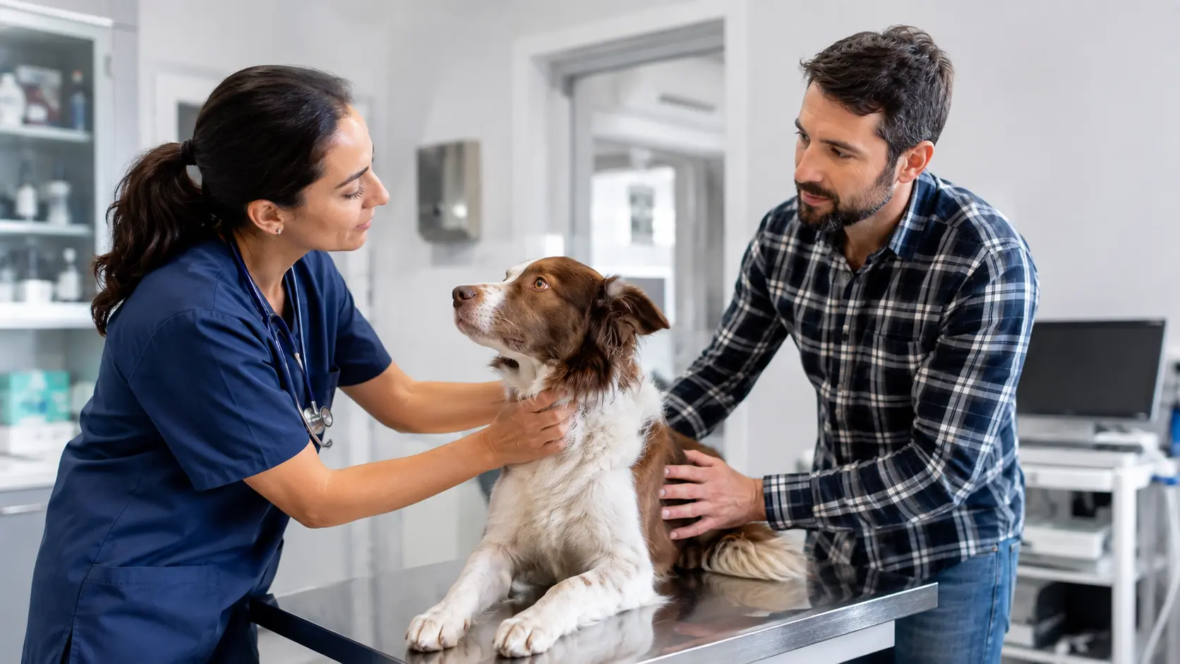 Veterinaria visita un cane su un lettino mentre il proprietario gli resta accanto