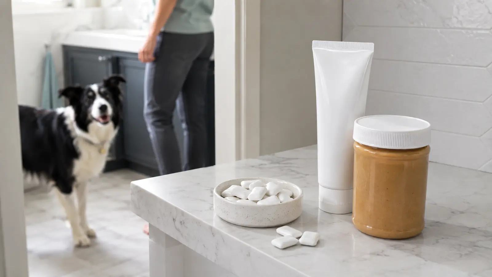 Border Collie in cucina vicino a prodotti senza zucchero da tenere fuori dalla sua portata
