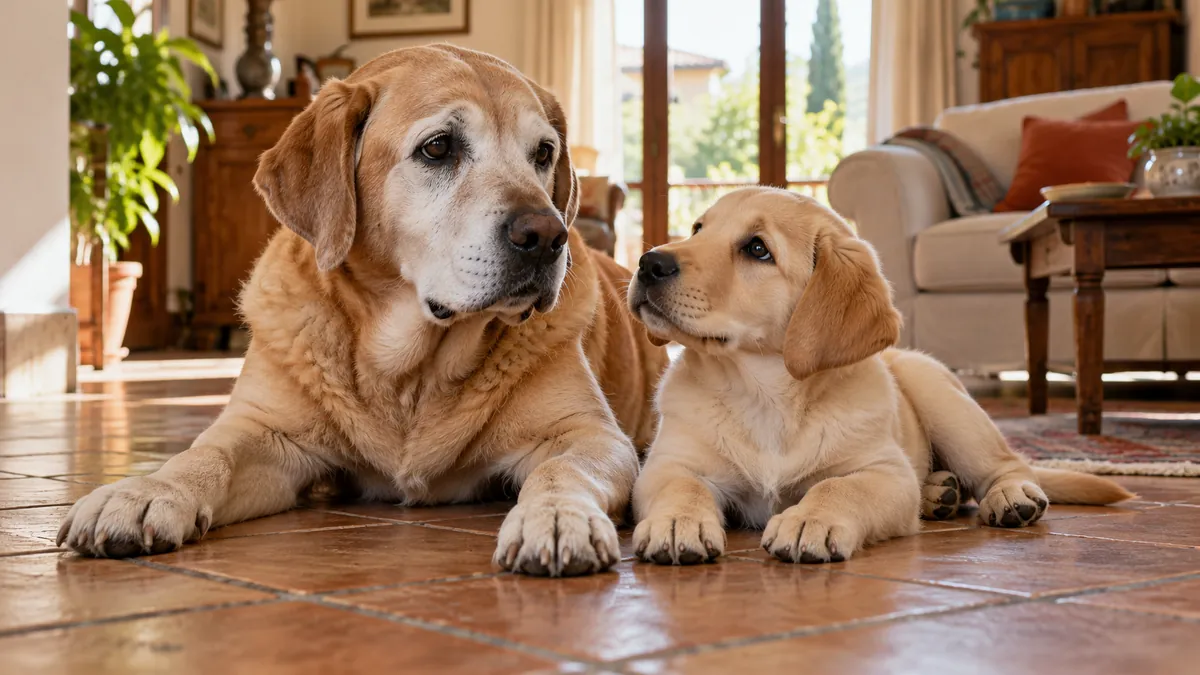 Golden Retriever anziano sdraiato accanto a un cucciolo in casa.