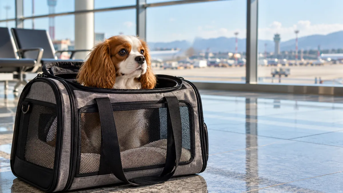 Cavalier King Charles Spaniel in un trasportino morbido nella sala di un aeroporto.