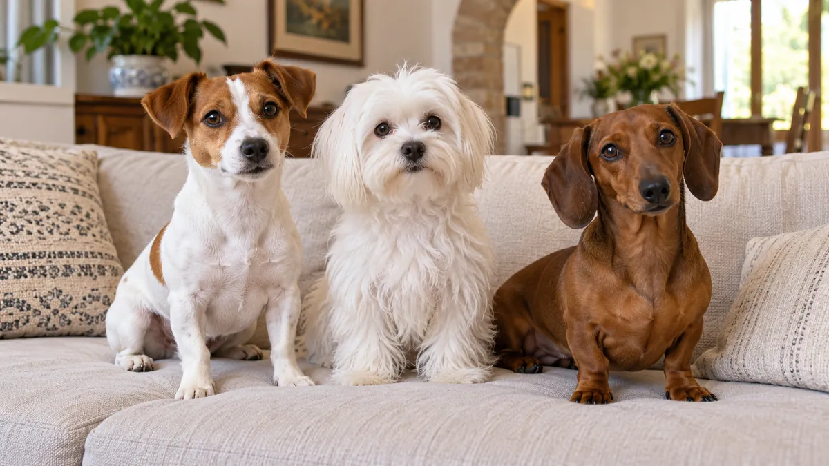 Jack Russell, Maltese e Bassotto seduti uno accanto all’altro su un divano.