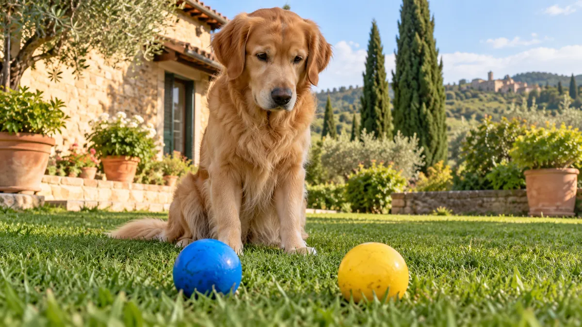 Golden Retriever sul prato davanti a una pallina blu e una gialla.