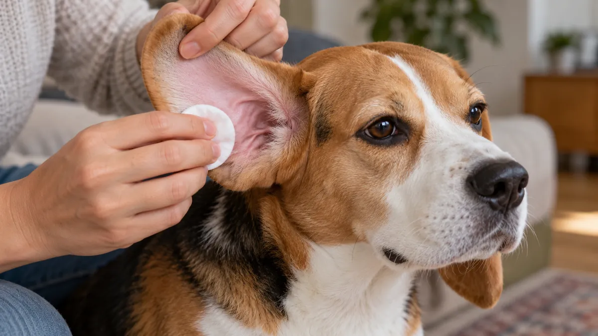 Una persona solleva il padiglione auricolare di un Beagle e lo pulisce con un dischetto.