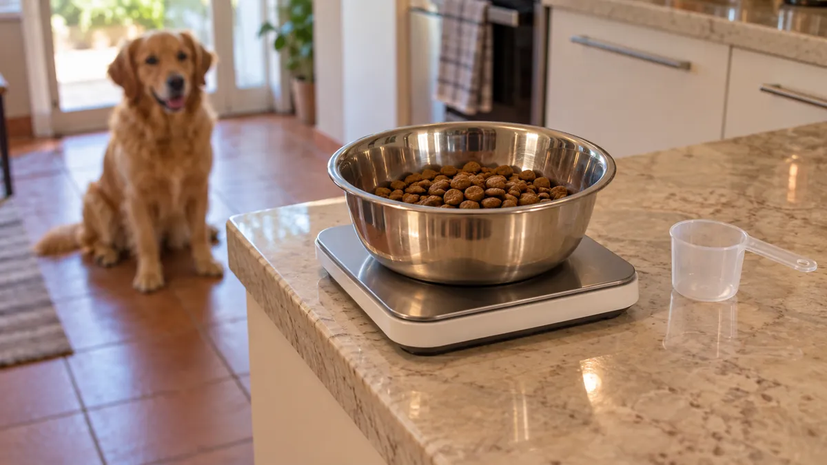 Ciotola di crocchette su una bilancia da cucina, con un cane sullo sfondo.