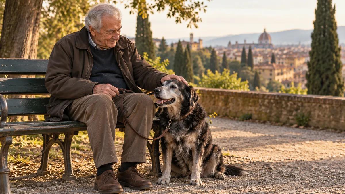Uomo anziano seduto su una panchina accanto a un cane dal muso imbiancato.