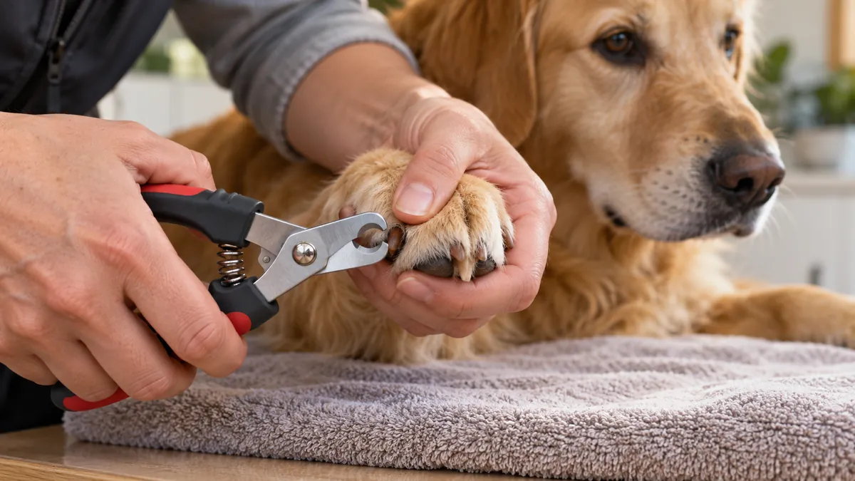 Primo piano di una zampa di Golden Retriever tenuta da una persona con un tagliaunghie per cani.