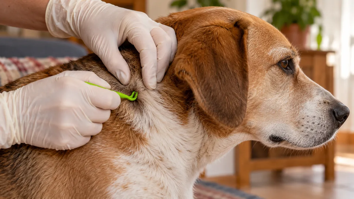 Mani con guanti usano un toglizecche verde vicino all’orecchio di un Beagle.